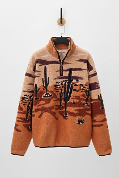 BANEGA سويت شيرت أسود برتقالي بنمط الصحراء مع جيب نصف مزود بسحاب وبطانة من ال...