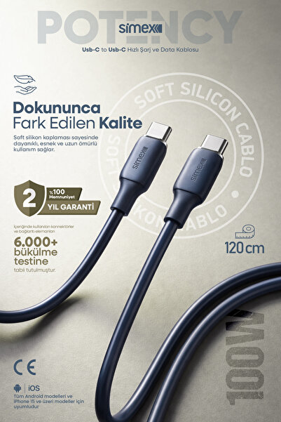Simex 100W Type-C to Type-C Hızlı Şarj Kablosu – iPhone ve Android Uyumlu, So...