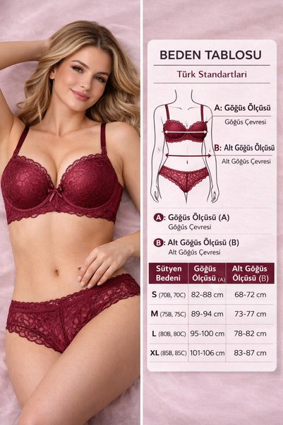 SOLENIA Women's Intense Padded Push-Up Ruched Balconette Bra and Panty Set Bordo