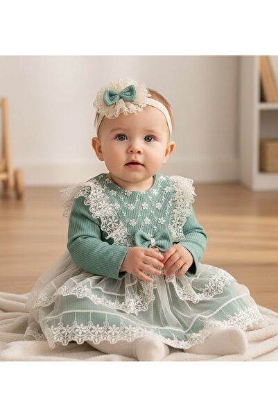 MİNİBORN طقم فستان حلم للفتيات حديثي الولادة بأكمام طويلة وتنورة خضراء بتفاصي...