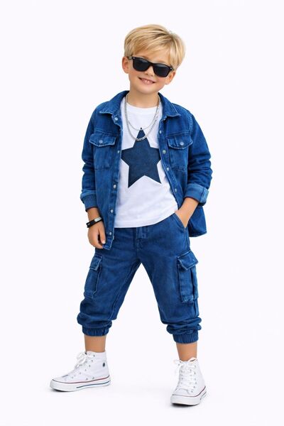 RAPAPA Момчешки комплект от 3 части в деним стил – тениска с звезден мотив, р...