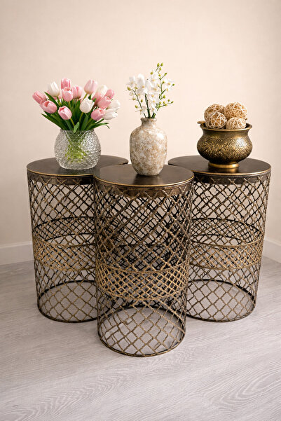 VENON 💎Metal Modern Sehpa 3.lü Takım 💎25,30 VE 35 CM ÇAPLARINDA💎Siyah Sarı...