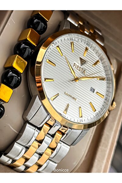 Fiesta ساعة يد رجالية فاخرة من الفولاذ (لا تفقد لونها) بلون ذهبي