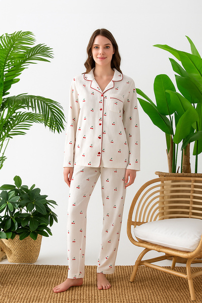 nisaNCa Set de pijamale pentru femei cu bumbac 100% nasturi – Design conforta...
