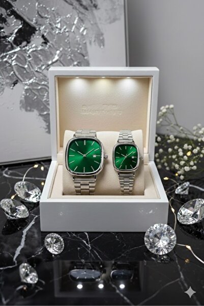 ÇENÇEN Yesil Kadran Gümüs Kordon Yeni Sezon Özel Tasarım Takvimli Sevgili Çif...