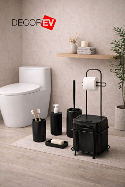decorev Standlı Kare 6'lı Banyo WC Seti 5 Litre Çöp Kovası, Siyah