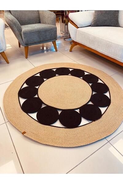 ModaCardin jüt Hasır görünümlü Desenli Modern El Örgüsü daire Halı Kilim