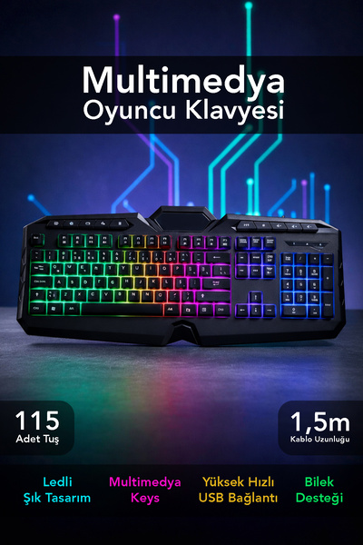 mimtec Multimedya Oyuncu Klavyesi - Bilek Destekli 115 Tuşlu Usb Kablolu RGB ...