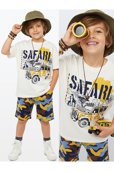 Denokids Boy's Safari Printed 100% Cotton T-Shirt Shorts Summer Set