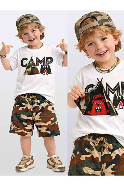 Denokids Boys' Set Camping Printed Interactive T-Shirt Shorts Two-Piece Set S...