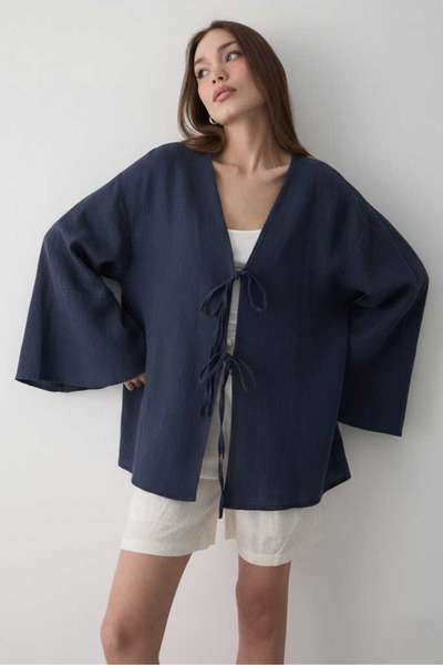 JASTE Women's Bat Sleeve Double Tie Kimono 100% Cotton Dark Blue