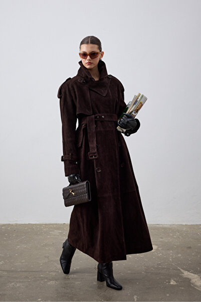 laulei معطف طويل بني من الجلد الطبيعي 100%