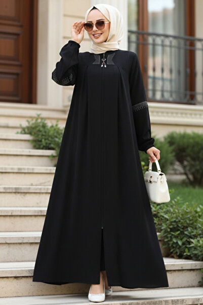 Neva Style Abaya hijab neagră cu fermoar 45299S