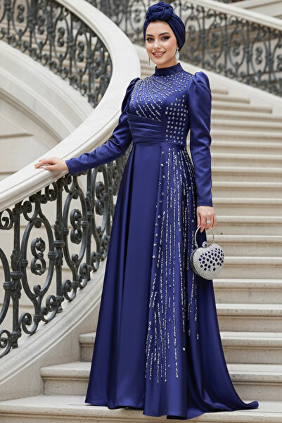 Neva Style Boncuk İşlemeli Lacivert Tesettür Saten Abiye Elbise 47112L