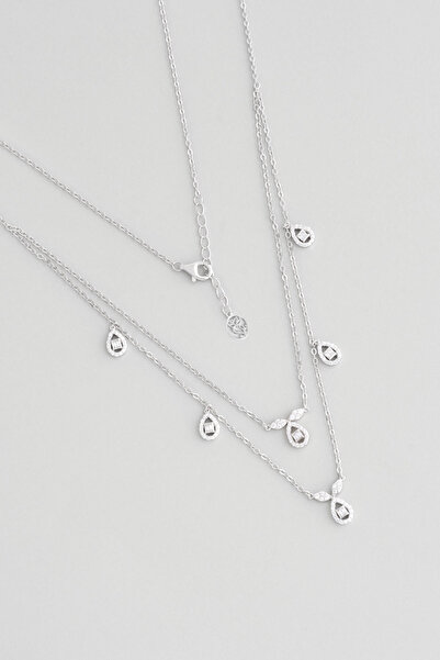 So CHIC... Klasik 18 Ayar Beyaz Altın Kaplama 47 Cm Gümüş İkili Kolye