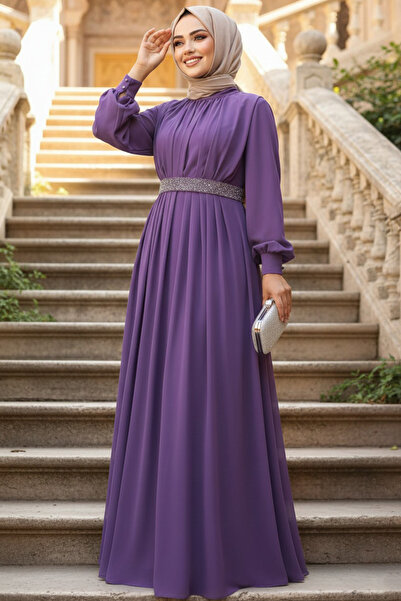 Neva Style Rochie de seară hijab pliată liliac 25888LILA