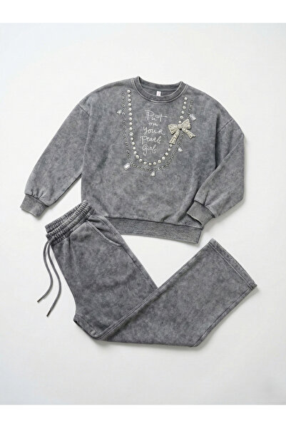 HayKids Κοριτσίστικο σετ φόρμας με φαρδιά μπατζάκια, γκρι χρώμα, με λεπτομέρε...