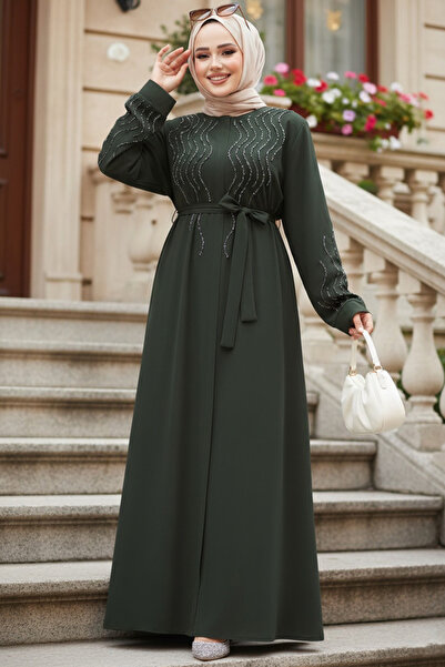 N.S NEVA STYLE Abaya Hijab kaki brodat cu margele 29130HK