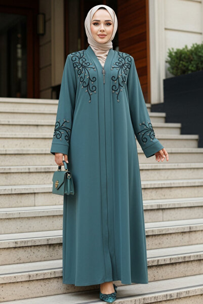 Neva Style Abaya Hijab verde brodat cu margele 29107CY