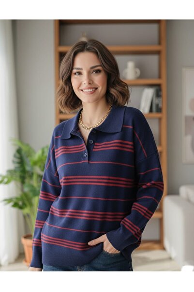 ASEZ BUTİK Premium Vintage Stripe Patterned, Polo Neck Buttoned Lux Knitwear ...