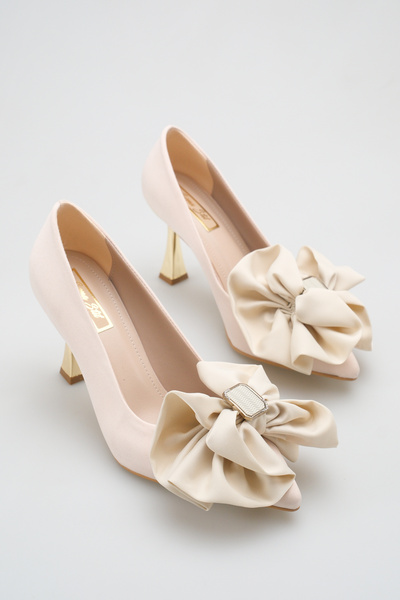 Sena Stil Women's Beige Satin Bow Detailed Special Design Gold Heeled 9 cm St...