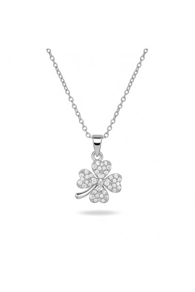 Tesbihane Women's Steel Necklace - Clover Leaf Design - Baguette Cut - White ...