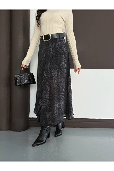 AYKA WEAR تنورة نسائية طويلة مبطنة بنقشة بني مرير مع حزام خصر 14964