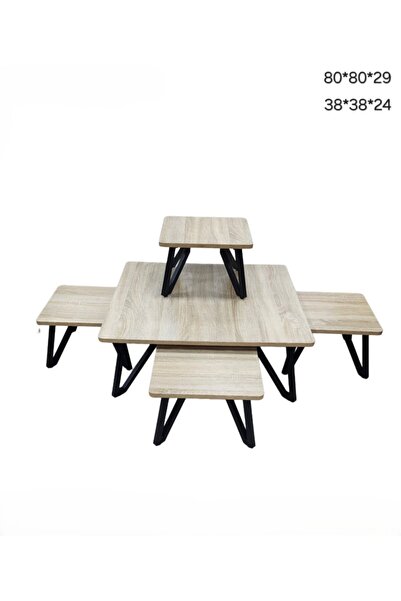 Generic 5-Pcs wooden nesting coffee table set with V-shaped black metal legs,...