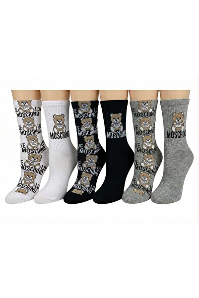 Moschino Long socks, pack of 6, cotton blend, black/optical white/grey. One Size
