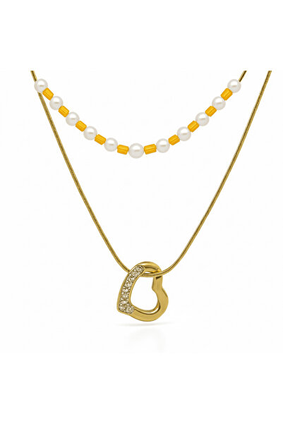 Tesbihane Women's Steel Necklace - Snake Chain - Heart Design - Pearl Combina...