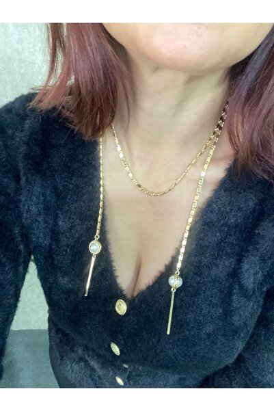 Byoz store Gold Chain Detailed Pearl End Lariat Necklace - Multi Use Long Nec...