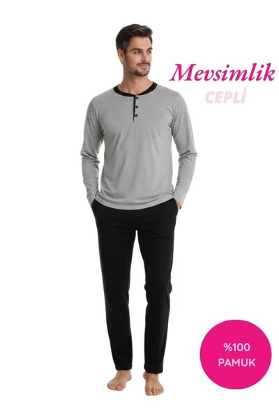 seamlife Men's 3-Button 100% Cotton Transitional Long Sleeve Pajama Set with ...