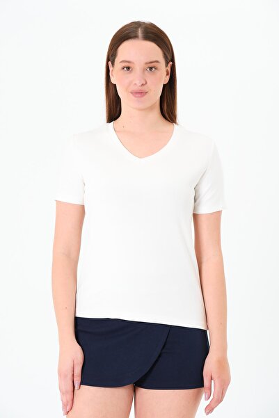 Sortie Women's V-Neck Short Sleeve Relaxed Fit Modal Fabric Ecru Color Basic ...