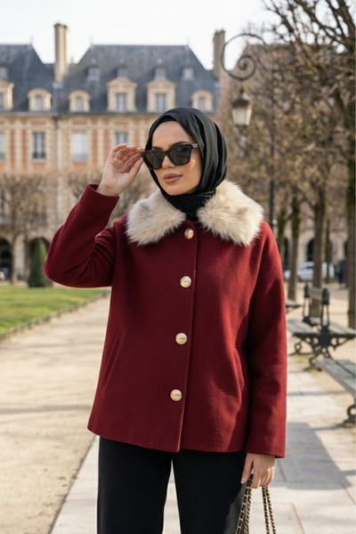 Zeneva Collection Burgundy Fur Collar Lined Cashmere Jacket Coat 2121