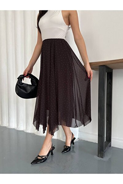 AYKA WEAR Kadın Serpme Taşlı Tül Asimetrik Etek Yeni Sezon