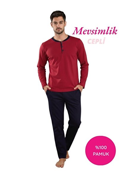 bie's طقم بيجامة رجالي موسمي بأكمام طويلة وجيب، مصنوع من القطن بنسبة 100%، مز...