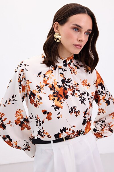 Sateen Mock Neck Blouse - Orange