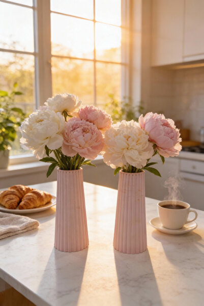 Fitruka Set of 2 Decorative Vases |   Powder Pink Minimal Striped Design