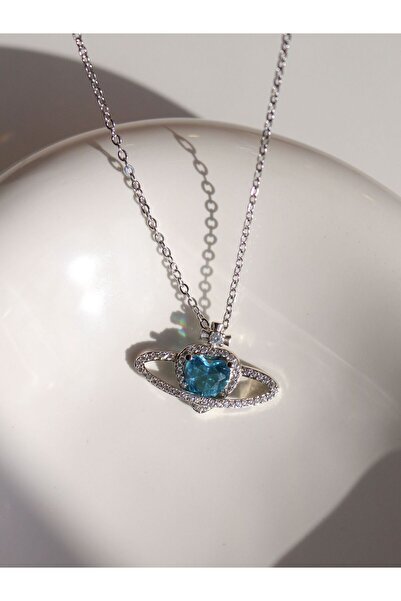 Reorah Collection Blue Silver Color - Vivienne Saturn Necklace with White Zir...