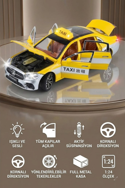 craftivio Mercedes E-Serisi Taksi 1:24 Ölçek Diecast Metal Model Araba - Işık...