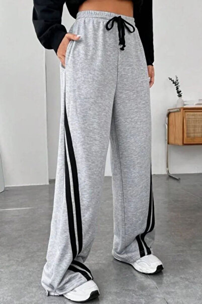 İlayda Toprak Jumpers Gri Örme Streetwear Yüksek Bel Siyah Şeritli Bol Eşofma...