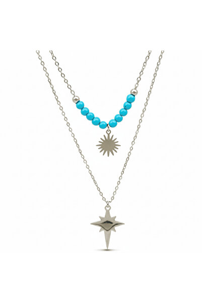 Tesbihane قلادة نسائية من الفولاذ - تصميم نجمة الشمال - حجر الفيروز - لون فضي