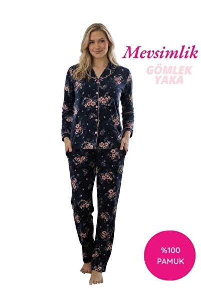 bie's Women's Shirt Collar Front Buttoned 100% Cotton Navy Blue Pink Floral L...