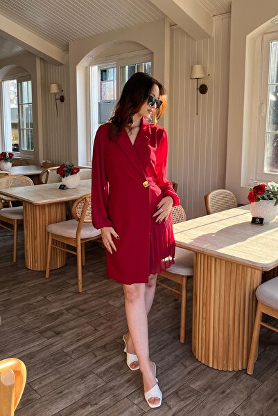 STEPS Double-Breasted Collar Side Pleated Dress - Red Red