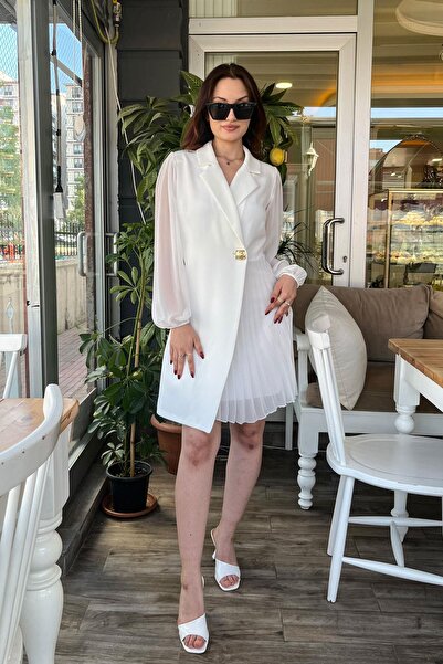 STEPS Kruvaze Yaka Yan Piliseli Elbise - Ekru EKRU