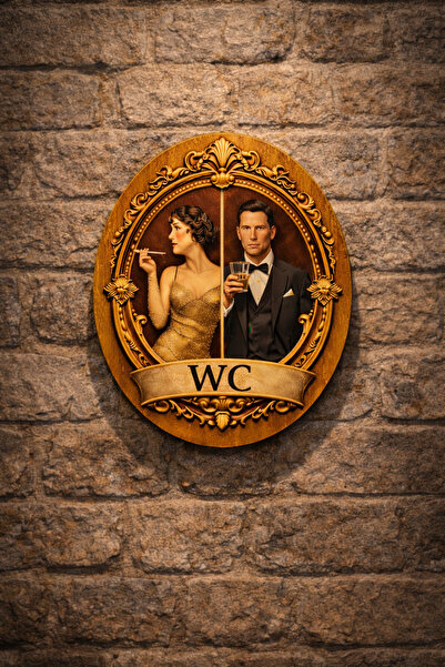 Fumor Yuvarlak WC Kapı Tabelası | Vintage Ahşap Baskıya Uygun | Unisex Tuvale...