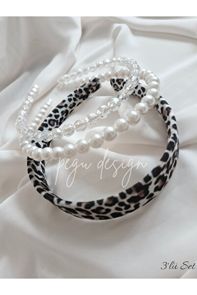 pegu baby collection طقم من 3 قطع من تاج مخملي بنقشة الفهد ومرصع باللؤلؤ، للع...