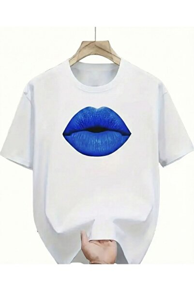 LELVANİ Unisex Graphic T-Shirt - Dark Blue and White Lip Printed T-Shirt -
