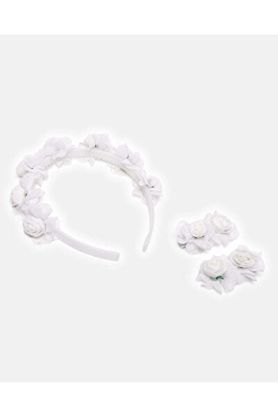 REDTAG Girls White Hairband And Hair Clip Set (3 Piece)