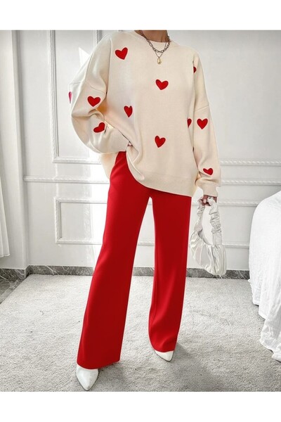 ASEZ BUTİK Women's Off-White Heart Embroidery Detail Knitwear Sweater Trouser...